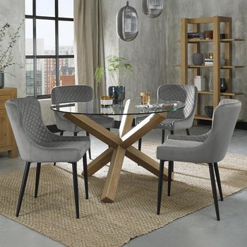 Turin Glass 4 Seater Dining Set with Light Oak Legs and 4 Cezanne Grey Chairs & Black Legs