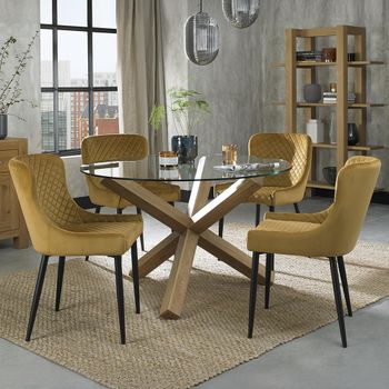 Turin Glass 4 Seater Dining Set with Light Oak Legs and 4 Cezanne Mustard Chairs & Black Legs