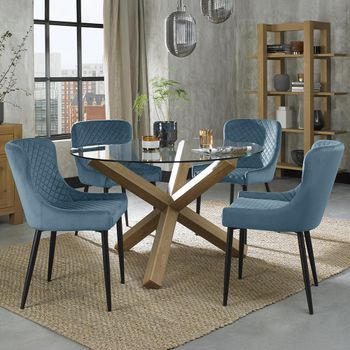 Turin Glass 4 Seater Dining Set with Light Oak Legs and 4 Cezanne Petrol Blue Chairs & Black Legs