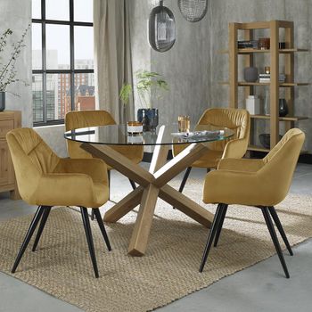 Turin Glass 4 Seater 120cm Round Dining Set with Light Oak Legs and 4 Dali Mustard Velvet Chairs