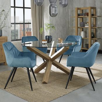 Turin Glass 4 Seater 120cm Round Dining Set with Light Oak Legs and 4 Dali Petrol Blue Velvet Chairs