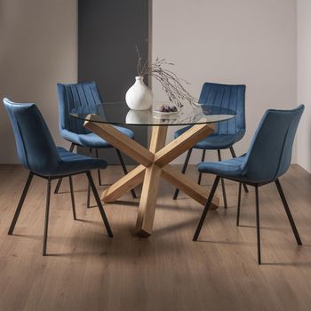 Turin Glass 4 Seater 120cm Round Dining Set with Light Oak Legs and 4 Fontana Blue Velvet Chairs