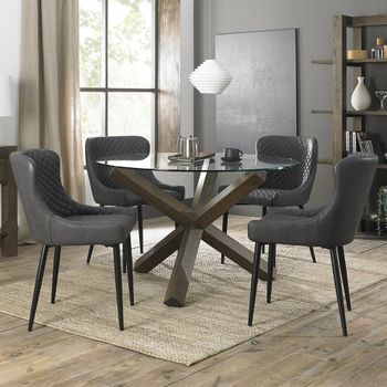 Turin Glass 4 Seater 120cm Dining Set with Dark Oak Legs and 4 Cezanne Dark Grey Chairs & Black Legs