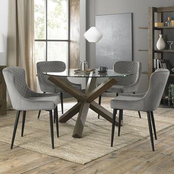 Turin Glass 4 Seater Dining Set with Dark Oak Legs and 4 Cezanne Grey Chairs & Black Legs