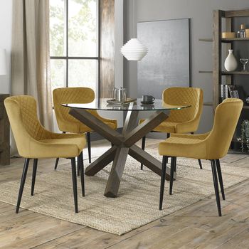 Turin Glass 4 Seater Dining Set with Dark Oak Legs and 4 Cezanne Mustard Chairs & Black Legs