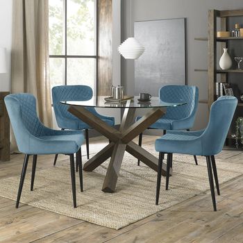Turin Glass 4 Seater Dining Set with Dark Oak Legs and 4 Cezanne Petrol Blue Chairs & Black Legs