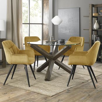 Turin Glass 4 Seater 120cm Round Dining Set with Dark Oak Legs and 4 Dali Mustard Velvet Chairs