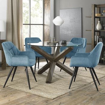 Turin Glass 4 Seater 120cm Round Dining Set with Dark Oak Legs and 4 Dali Petrol Blue Velvet Chairs