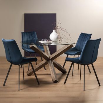 Turin Glass 4 Seater 120cm Round Dining Set with Dark Oak Legs and 4 Fontana Blue Velvet Chairs