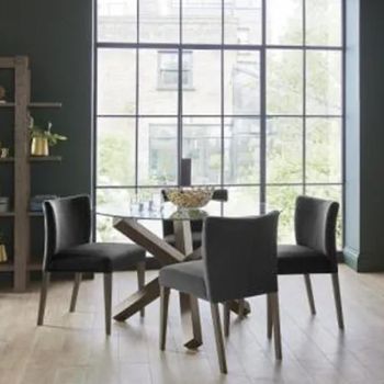 Turin Glass 4 Seater 120cm Round Dining Set with Dark Oak Legs and 4 Gun Metal Low Back Chairs