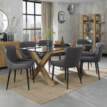Turin Glass 6 Seater Dining Set with Light Oak Legs and 6 Cezanne Dark Grey Chairs & Black Legs