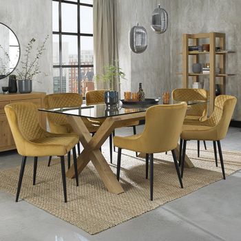 Turin Glass 6 Seater Dining Set with Light Oak Legs and 6 Cezanne Mustard Chairs & Black Legs