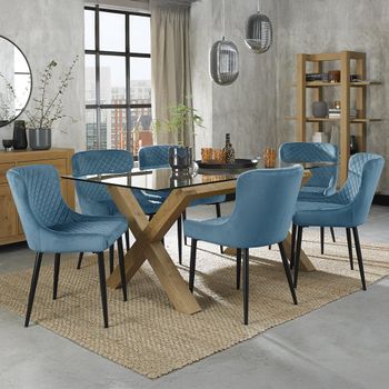 Turin Glass 6 Seater Dining Set with Light Oak Legs and 6 Cezanne Petrol Blue Chairs & Black Legs