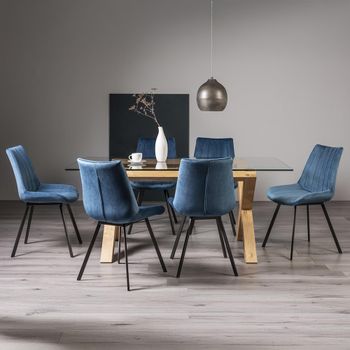 Turin Glass 6 Seater 180cm Dining Set with Light Oak Legs and 6 Fontana Blue Velvet Chairs