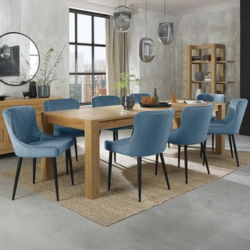 Turin Light Oak 6-10 Seater 165-225cm Dining Set with 8 Cezanne Petrol Blue Chairs & Black Legs