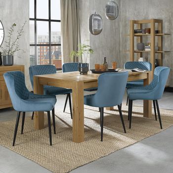 Turin Light Oak 6-8 Seater 165-225cm Dining Set with 6 Cezanne Petrol Blue Chairs & Black Legs