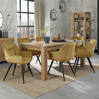 Turin Light Oak 6-8 Seater 165cm-225cm Extending Dining Set with 6 Dali Mustard Velvet Chairs