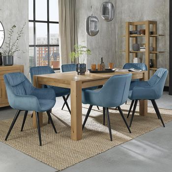 Turin Light Oak 6-8 Seater 165cm-225cm Extending Dining Set with 6 Dali Petrol Blue Velvet Chairs