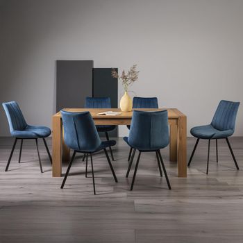Turin Light Oak 6-8 Seater 165cm-225cm Extending Dining Set with 6 Fontana Blue Velvet Chairs
