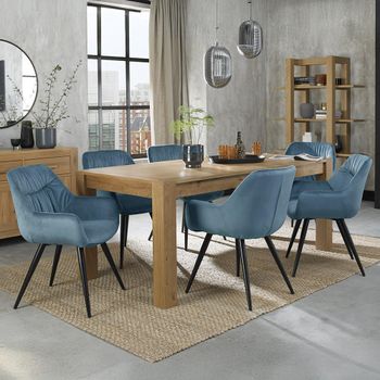 Turin Light Oak 8 Seater 165-225cm Large Extending Dining Table Set with 6 Dali Petrol Blue Chairs