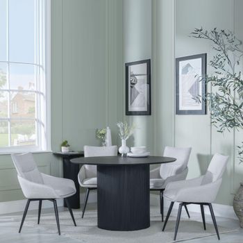 Bern Fluted Black 4 Seater 120cm Round Dining Set with 4x Ace Swivel Beige Fabric Dining Chairs