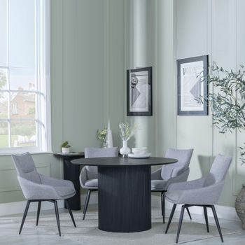 Bern Fluted Black 4 Seater 120cm Round Dining Set with 4x Ace Swivel Grey Fabric Dining Chairs