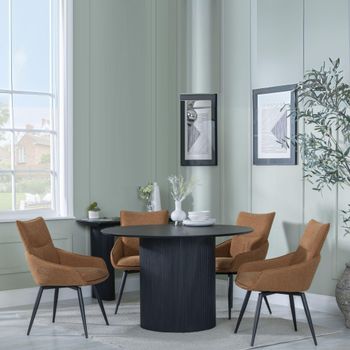 Bern Fluted Black 4 Seater 120cm Round Dining Set with 4x Ace Swivel Orange Fabric Dining Chairs