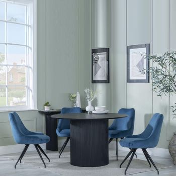 Bern Fluted Black 4 Seater 120cm Round Dining Set with 4 Arctic Swivel Blue Velvet Chairs