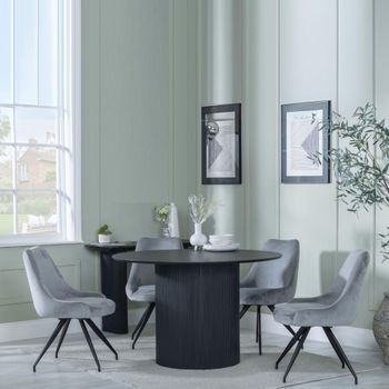 Bern Fluted Black 4 Seater 120cm Round Dining Set with 4 Arctic Swivel Grey Velvet Chairs