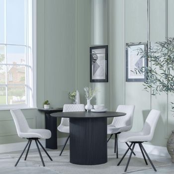 Bern Fluted Black 4 Seater 120cm Round Dining Set with 4x Boden Swivel Cream Fabric Dining Chairs