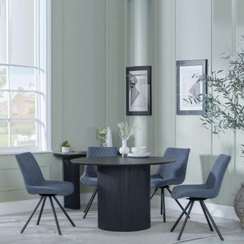Bern Fluted Black 4 Seater 120cm Round Dining Set with 4 Boden Swivel Dark Grey Fabric Chairs