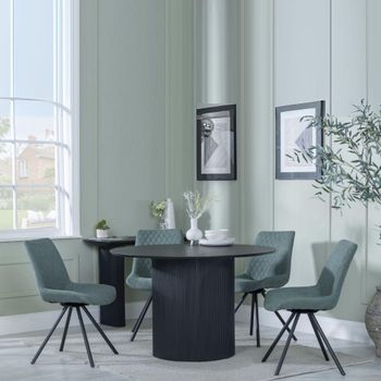 Bern Fluted Black 4 Seater 120cm Round Dining Set with 4x Boden Swivel Green Fabric Dining Chairs