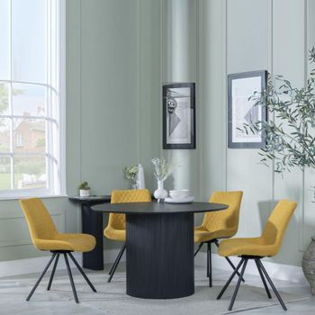 Bern Fluted Black 4 Seater 120cm Round Dining Set with 4x Boden Swivel Yellow Fabric Dining Chairs