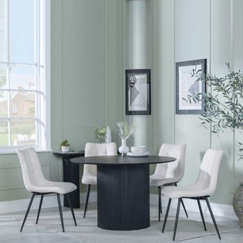 Bern Fluted Black 4 Seater 120cm Round Dining Set with 4x Corona Beige Fabric Dining Chairs