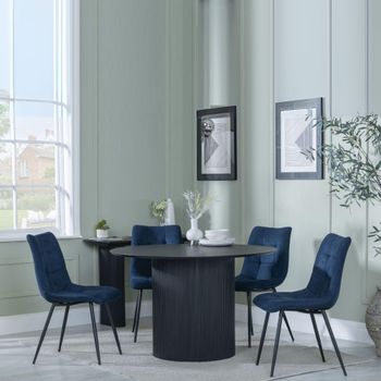 Bern Fluted Black 4 Seater 120cm Round Dining Set with 4x Corona Blue Fabric Dining Chairs