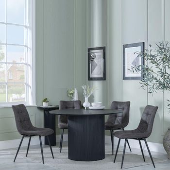 Bern Fluted Black 4 Seater 120cm Round Dining Set with 4x Corona Grey Fabric Dining Chairs