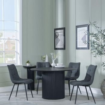 Bern Fluted Black 4 Seater 120cm Round Dining Set with 4x Corona Light Grey Fabric Dining Chairs