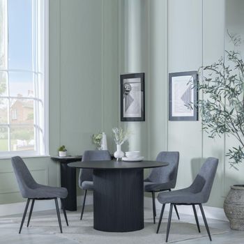 Bern Fluted Black 4 Seater 120cm Round Dining Set with 4x Darwin Grey Fabric Dining Chairs