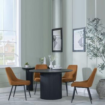 Bern Fluted Black 4 Seater 120cm Round Dining Set with 4x Darwin Orange Fabric Dining Chairs
