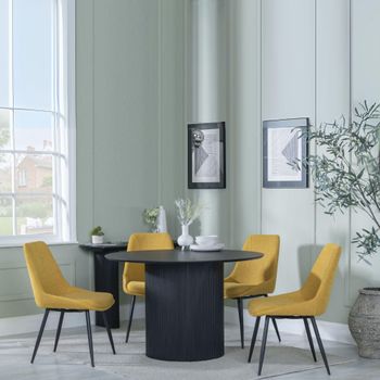 Bern Fluted Black 4 Seater 120cm Round Dining Set with 4x Darwin Yellow Fabric Dining Chairs