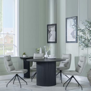 Bern Fluted Black 4 Seater 120cm Round Dining Set with 4x Diego Swivel Beige Leather Dining Chairs