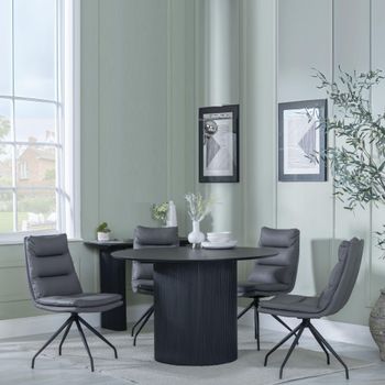 Bern Fluted Black 4 Seater 120cm Round Dining Set with 4x Diego Swivel Grey Leather Dining Chairs