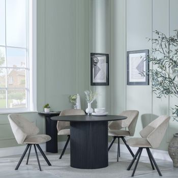 Bern Fluted Black 4 Seater 120cm Round Dining Set with 4 Ion Swivel Beige Velvet Chairs