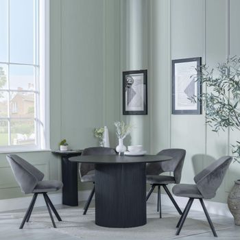 Bern Fluted Black 4 Seater 120cm Round Dining Set with 4 Ion Swivel Dark Grey Velvet Chairs