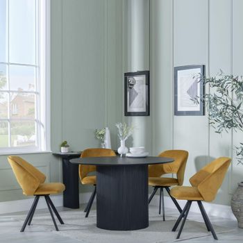 Bern Fluted Black 4 Seater 120cm Round Dining Set with 4 Ion Swivel Mustard Velvet Chairs