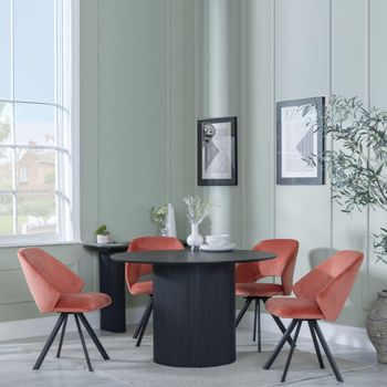 Bern Fluted Black 4 Seater 120cm Round Dining Set with 4 Ion Swivel Orange Velvet Chairs