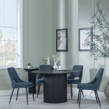 Bern Fluted Black 4 Seater 120cm Round Dining Set with 4x Peyton Blue Fabric Dining Chairs