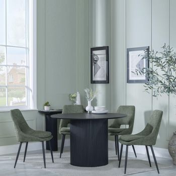 Bern Fluted Black 4 Seater 120cm Round Dining Set with 4x Peyton Green Fabric Dining Chairs