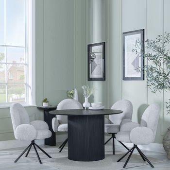 Bern Fluted Black 4 Seater 120cm Round Dining Set with 4x Theo Swivel Grey Fabric Dining Chairs