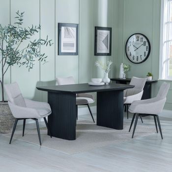 Bern Fluted Black 6 Seater 160cm Dining Set with Ace Swivel Beige Fabric Dining Chairs
